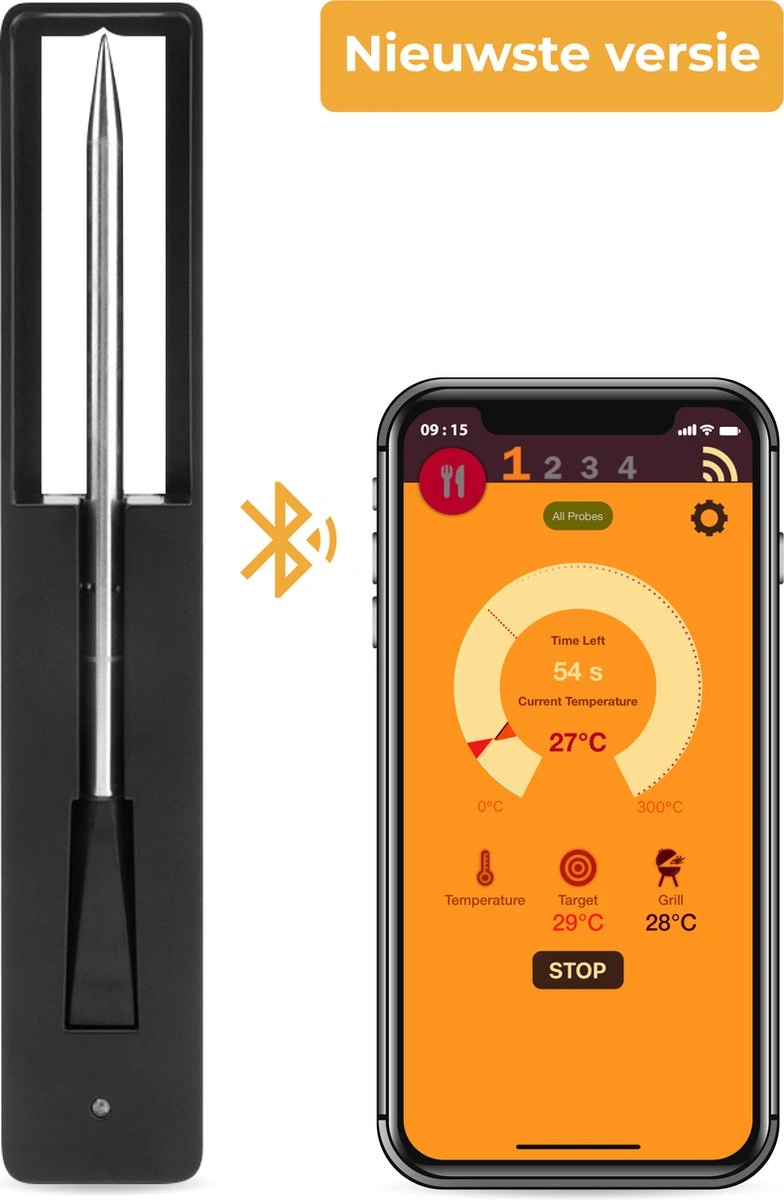 Nuvance - Vleesthermometer Draadloos Met App - BBQ Thermometer Met Bluetooth - Meater - Oventhermometer - BBQ Accesoires - RVS 3 Nuvance - Vleesthermometer Draadloos Met App - BBQ Thermometer Met Bluetooth - Meater - Oventhermometer - BBQ Accesoires - RVS