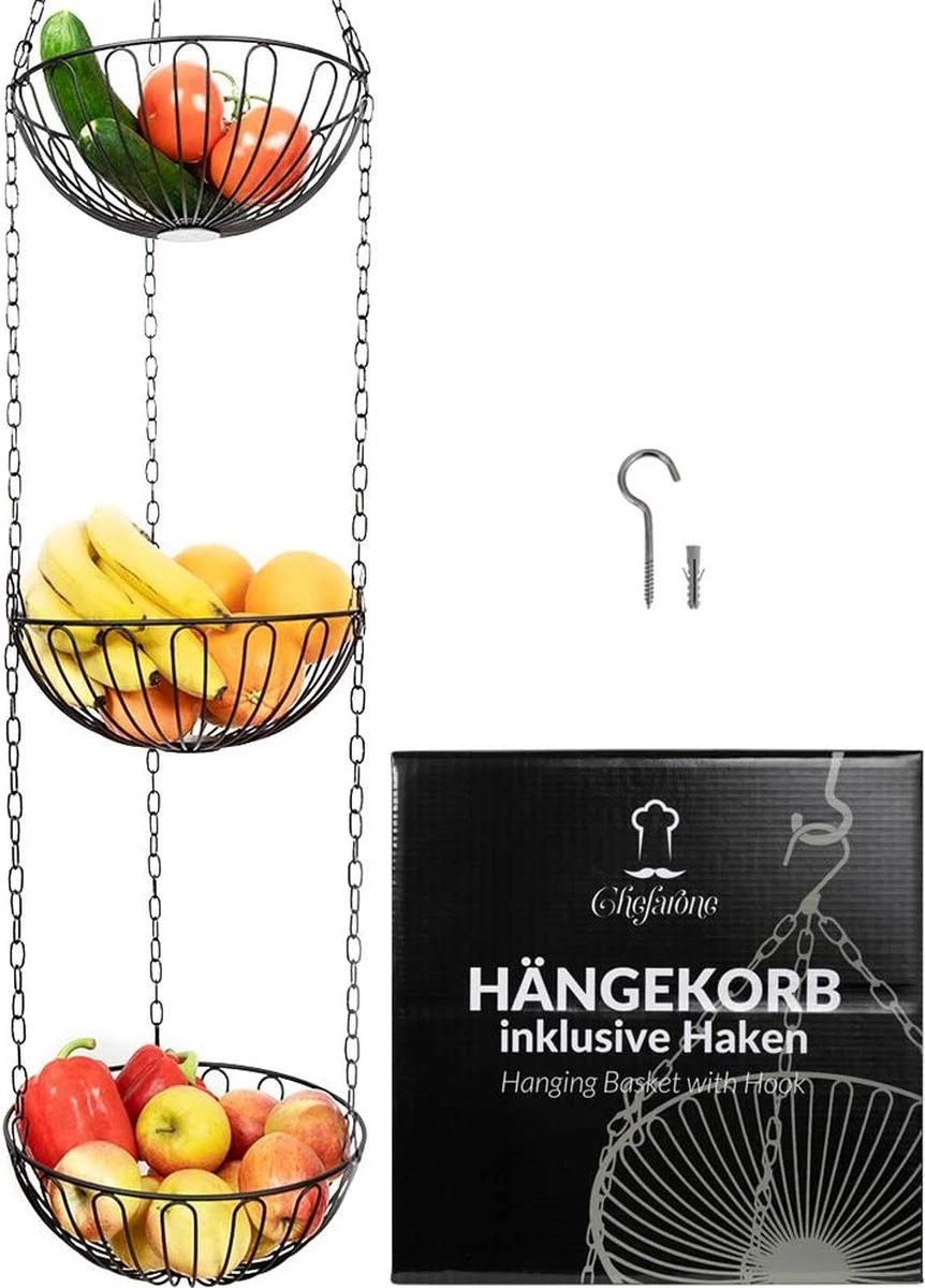 Chefarone Hangende Fruitmand - Fruitschaal 130 CM - Keukenhanger 3 Manden - Fruithangmand - Zwart 3 Chefarone Hangende Fruitmand - Fruitschaal 130 CM - Keukenhanger 3 Manden - Fruithangmand - Zwart