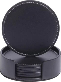 Merkloos Luxe Leren Onderzetters Voor Glazen Met Houder - 6 Stuks - Waterafstotend En Hittebestendig - Glasonderzetters Voor Op Tafel - Coasters - Rond